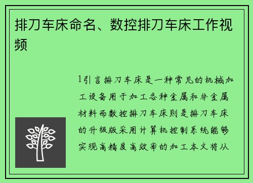 排刀车床命名、数控排刀车床工作视频